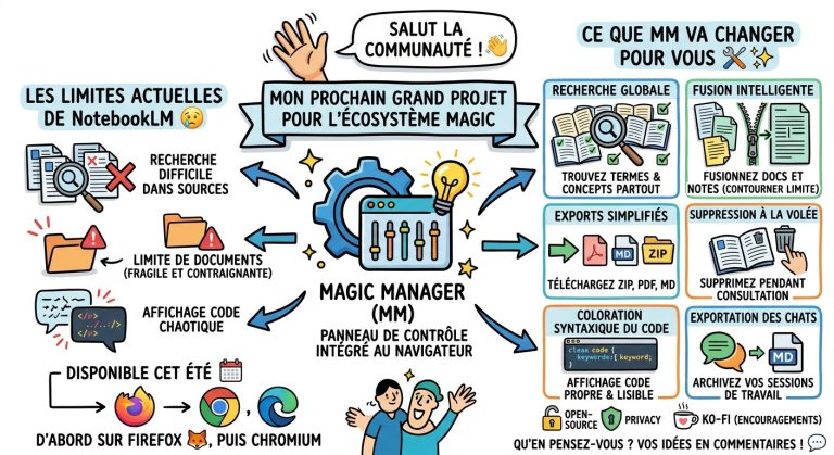 Infographie de Magic Manager (MM), extension pour NotebookLM avec recherche globale, fusion de documents et exports simplifiés