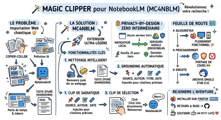 Infographie Magic Clipper pour NotebookLM : nettoyage de texte web, respect de la vie privée et feuille de route du projet
