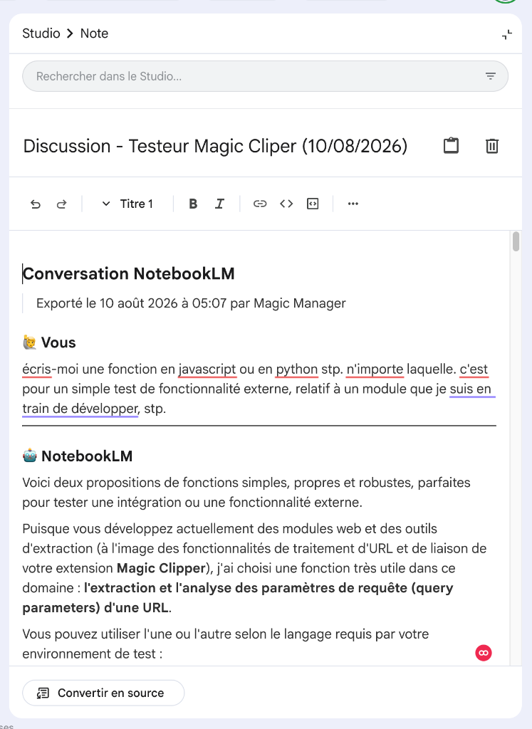 Vue de la note Studio enregistree par Chat to Notes