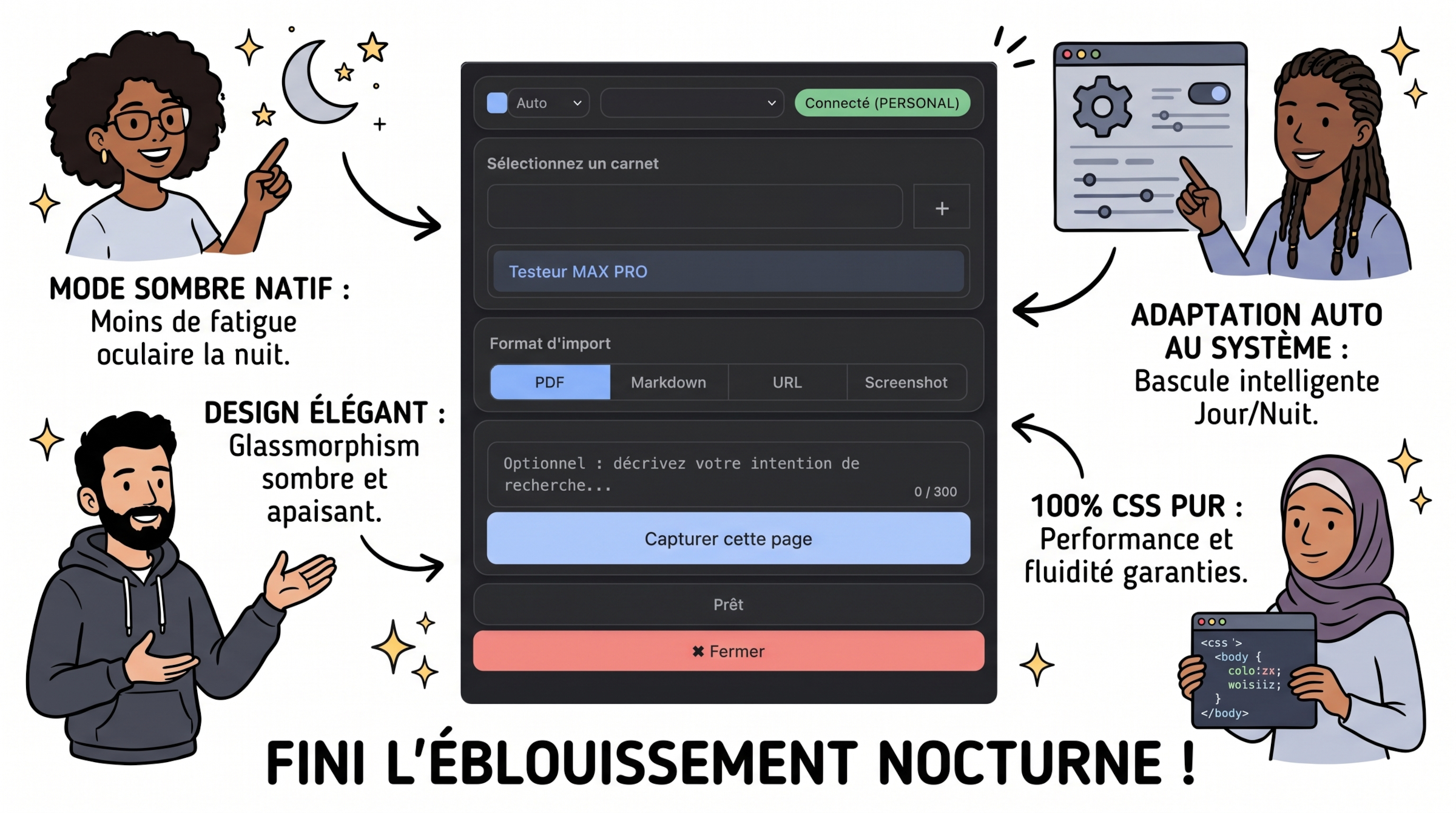 Infographie Sketchnote Mode Sombre natif et design Glassmorphism Magic Clipper