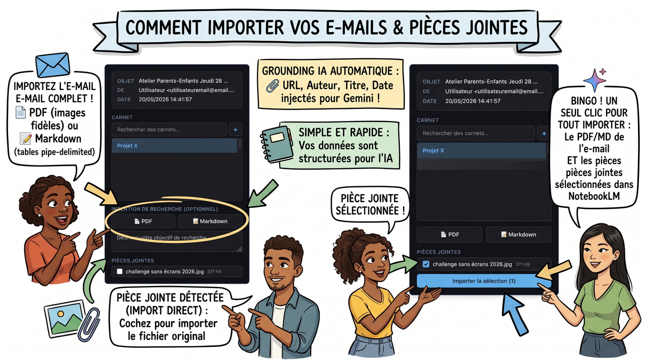 Infographie Sketchnote Importation des e-mails et pièces jointes dans Thunderbird