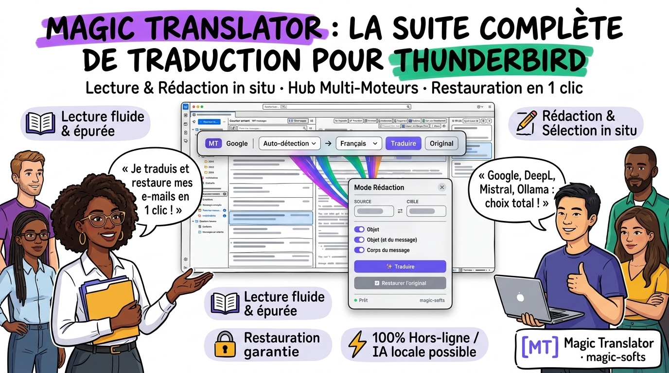 Magic Translator pour Thunderbird : Mode Rédaction, nouveau bandeau et Hub Multi-Moteurs disponibles !