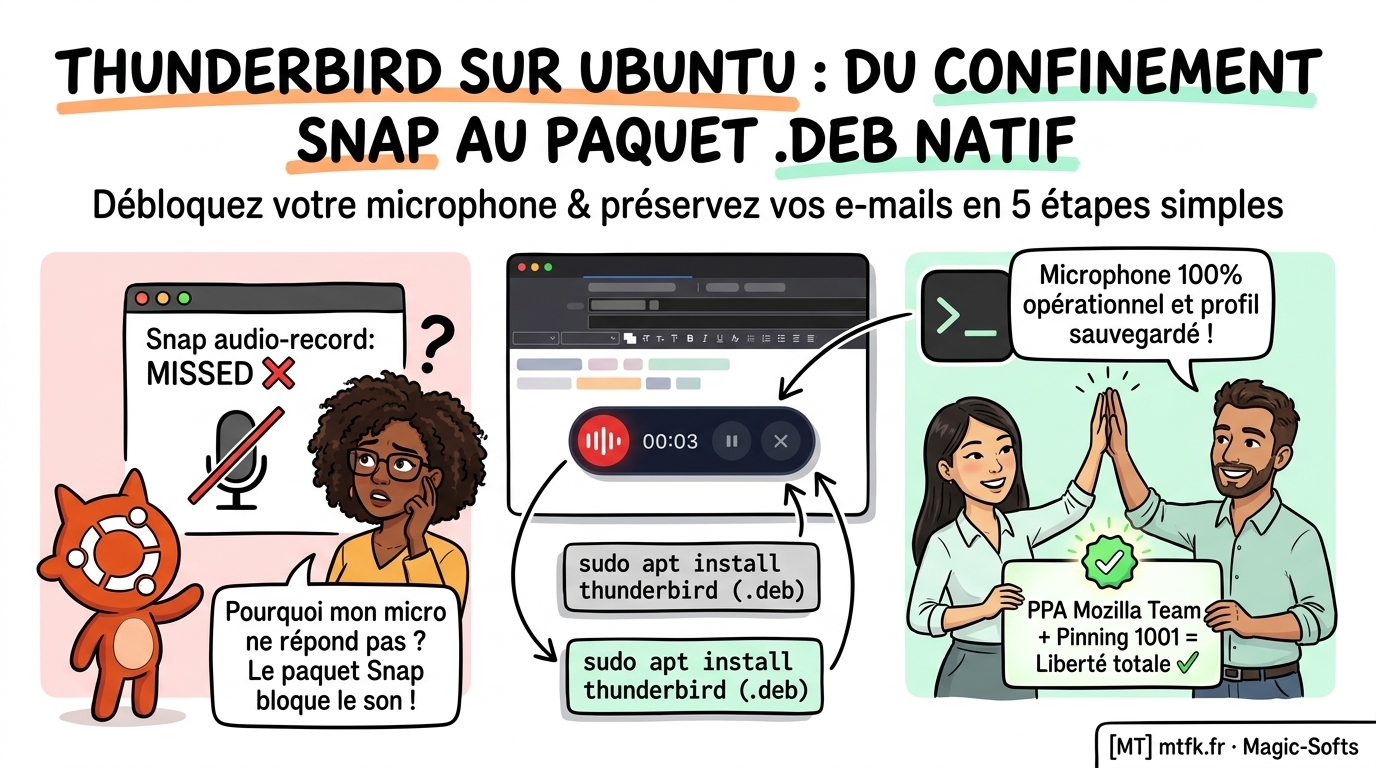 Infographie Sketchnote explicative pour installer Thunderbird en paquet .deb natif sur Ubuntu et débloquer le microphone